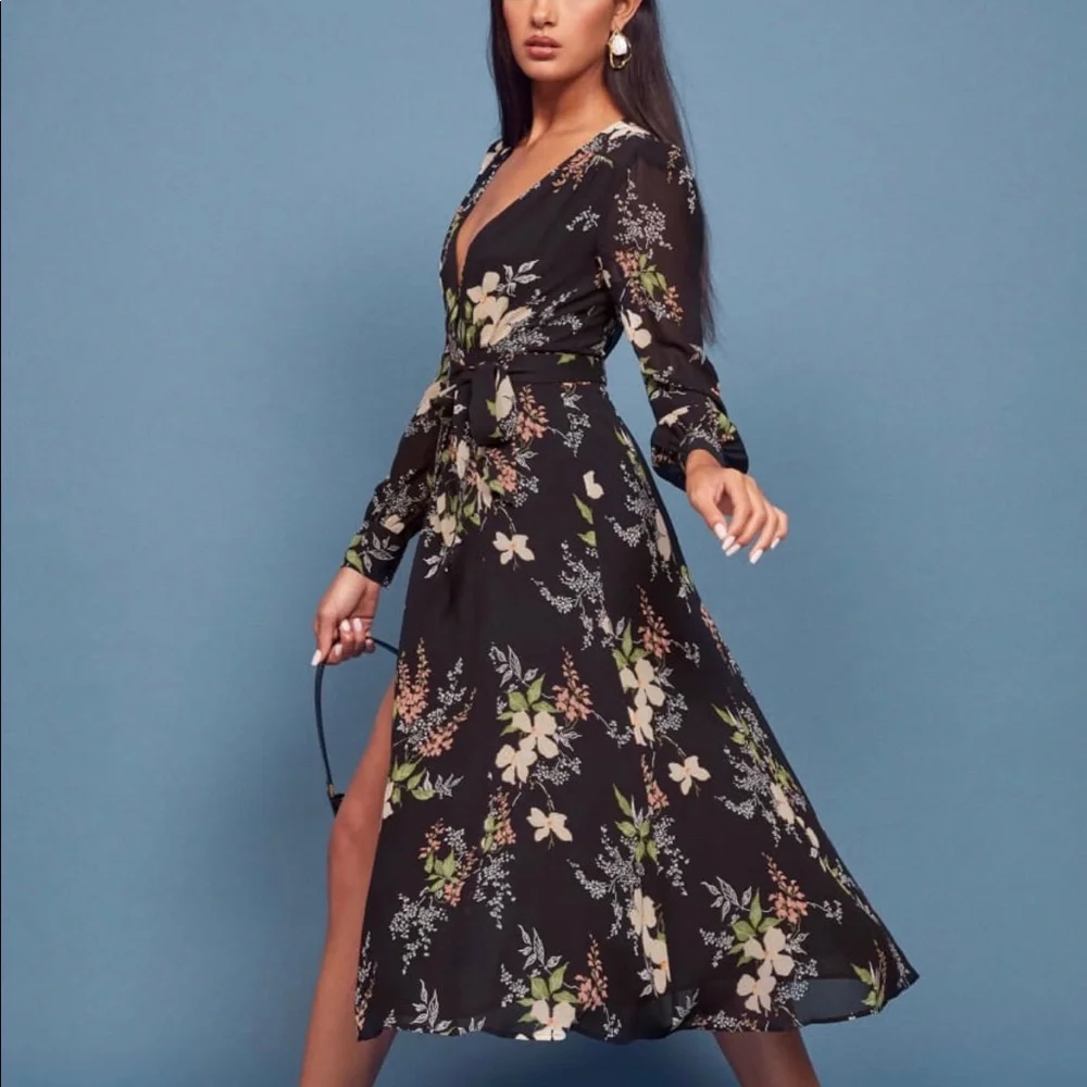 Reformation Susana Black Floral Midi Dress - Picture 2 of 5